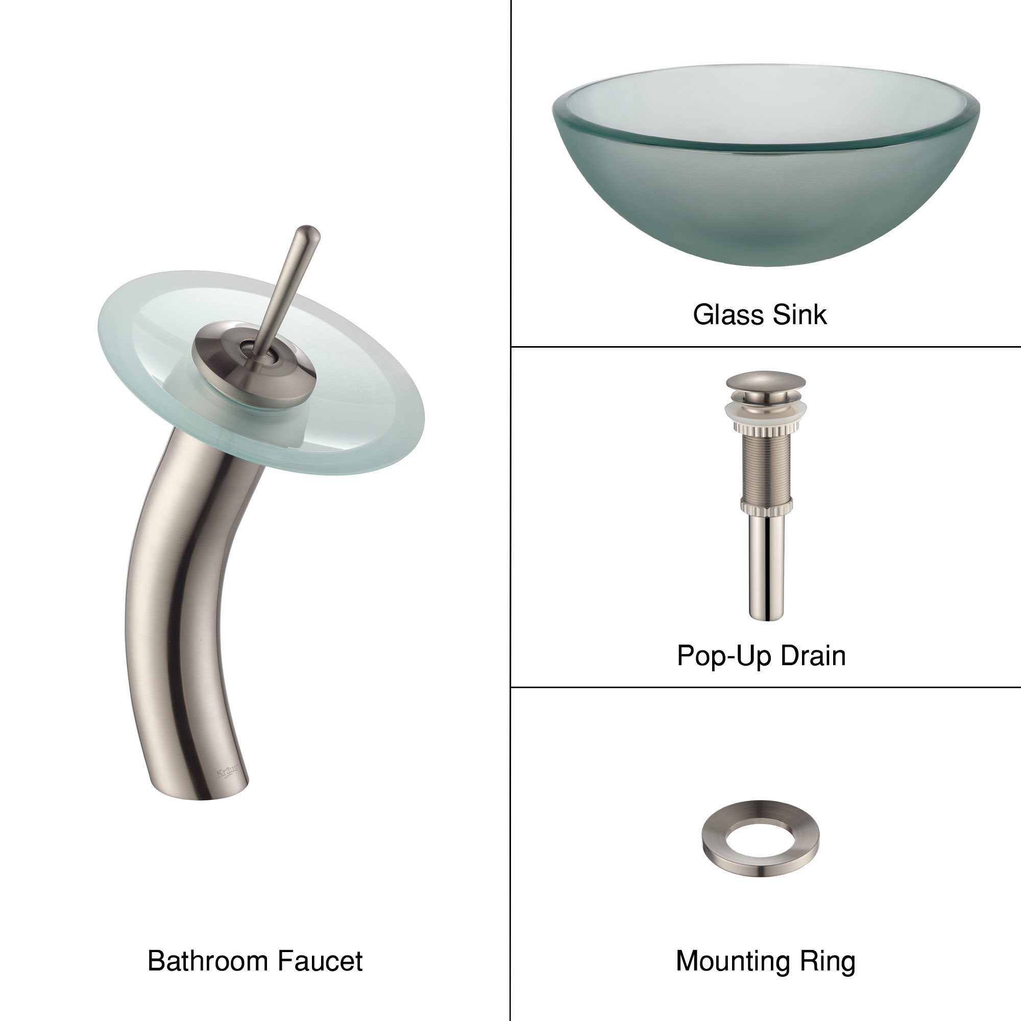 KRAUS Frosted Glass Vessel Sink in Clear with Single Hole Single-Handle Waterfall Faucet in Satin Nickel